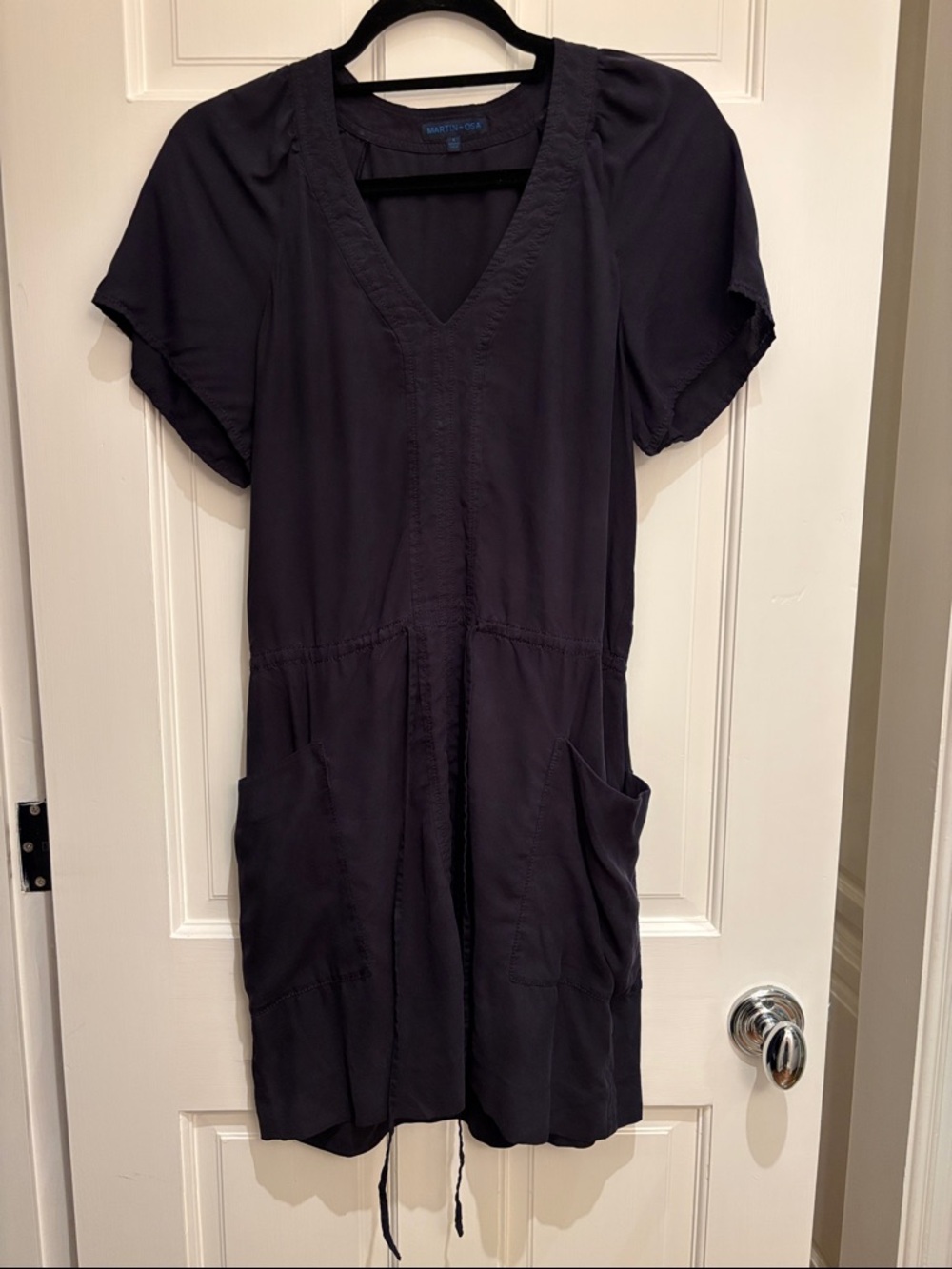 Martin + Osa Silk Navy Blue Short-Sleeve Midi Dress